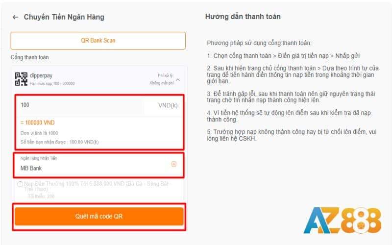 Điền số tiền cần nạp và chọn ngân hàng chuyển tiền