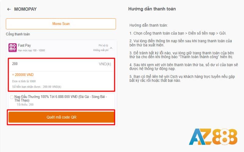 Nhập số tiền cần nạp và chọn quét mã code QR