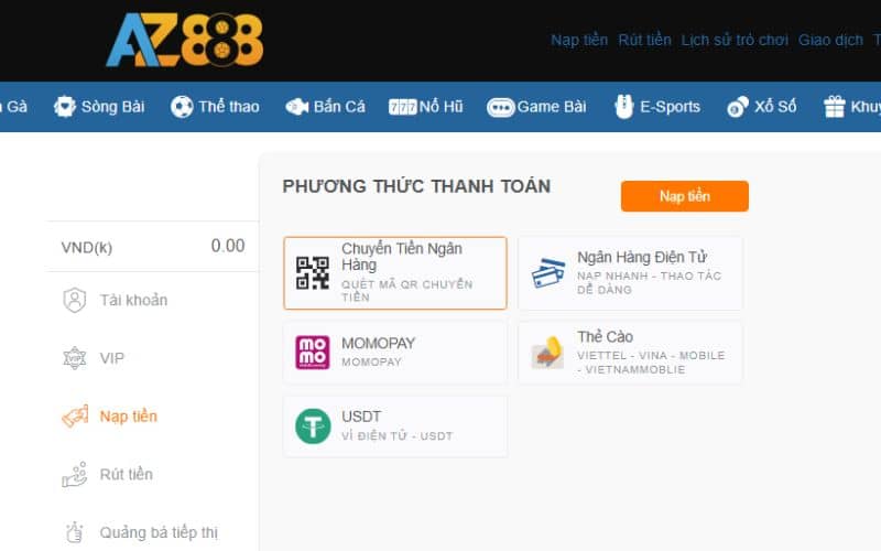 Truy cập vào trang chủ AZ888 và nạp tiền vào tài khoản Truy cập vào trang chủ AZ888 và nạp tiền vào tài khoản